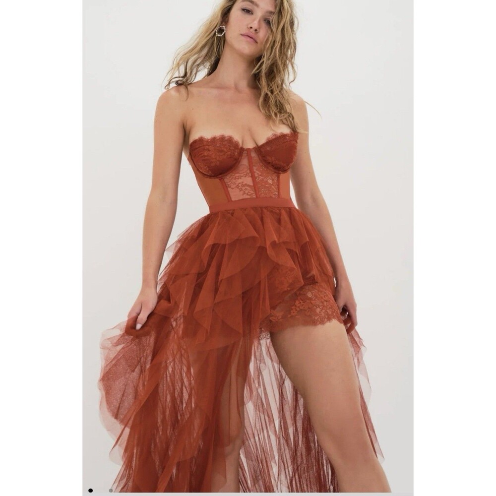 For Love & Lemons X REVOLVE Bustier Gown Rust corset lace strapless Large - Picture 2 of 12